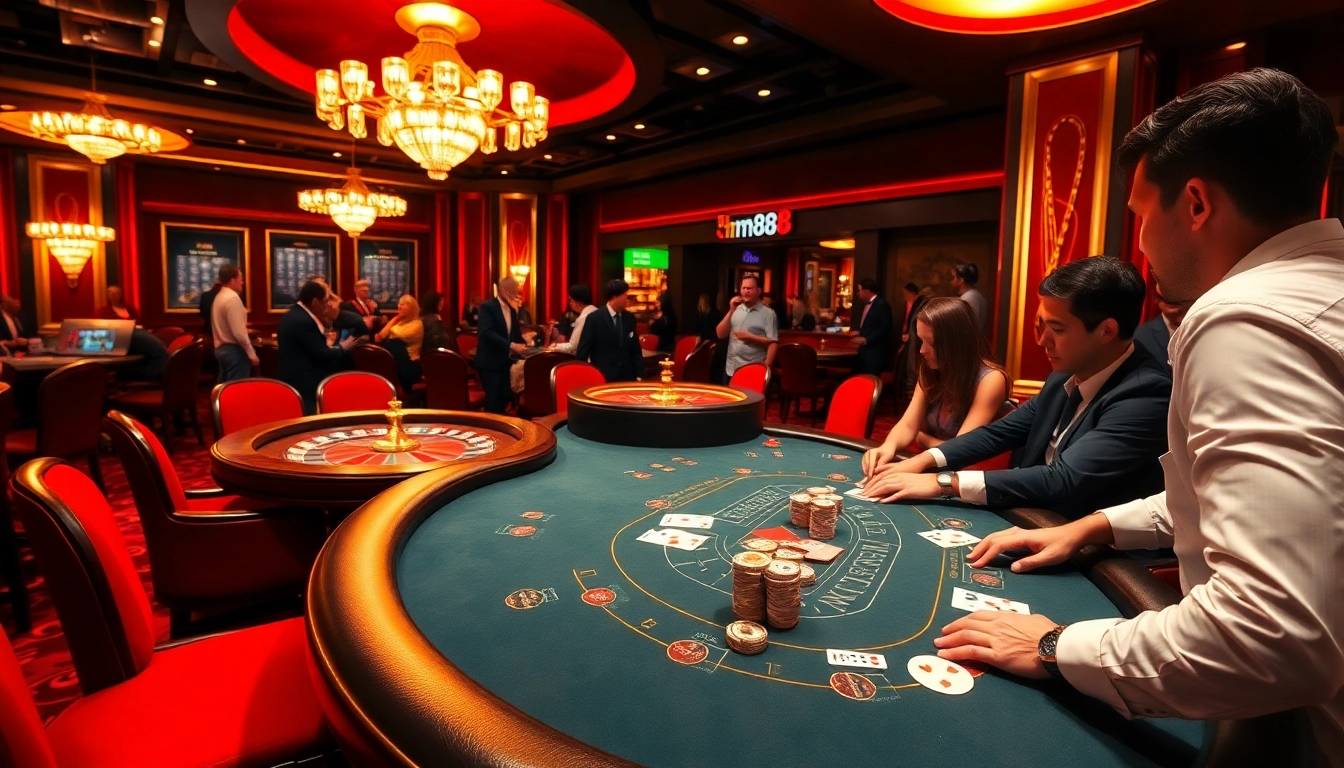 Players enjoying a thrilling game at the hm88 blackjack table in a vibrant casino setting.