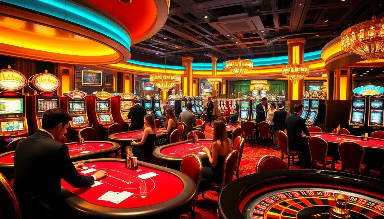 SODO gambling scene showcasing players at blackjack and poker tables with vibrant slot machines.