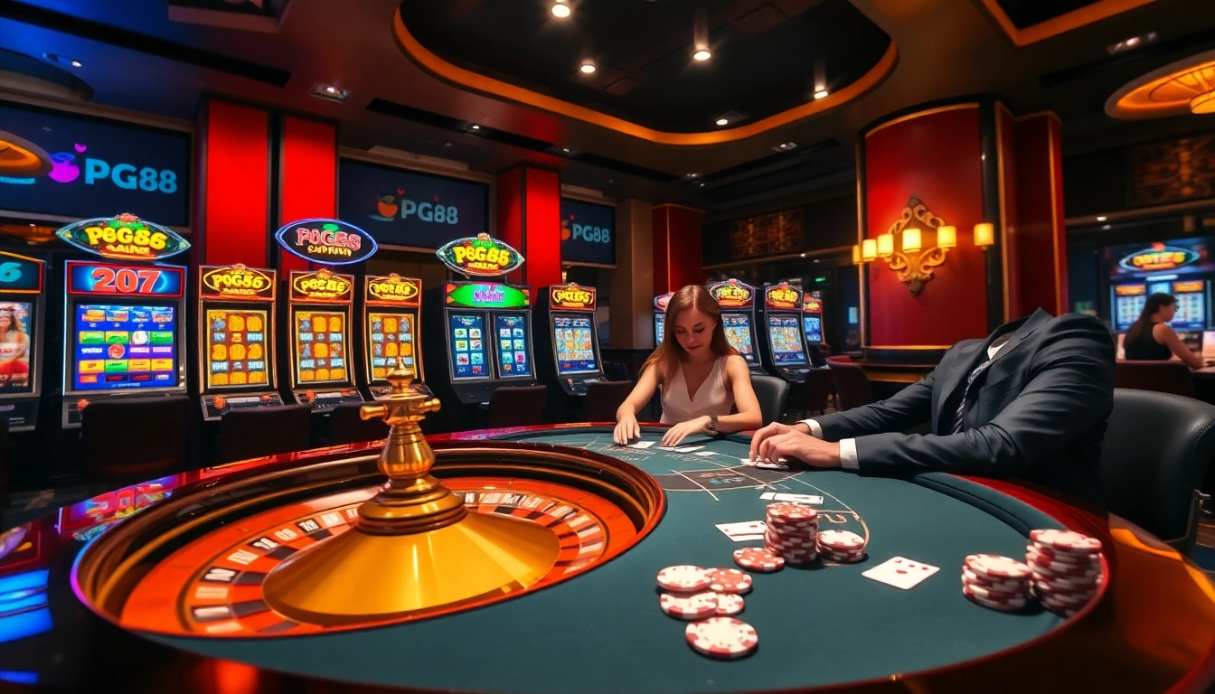 Exciting poker game scene at PG88 casino with vibrant table and chips.