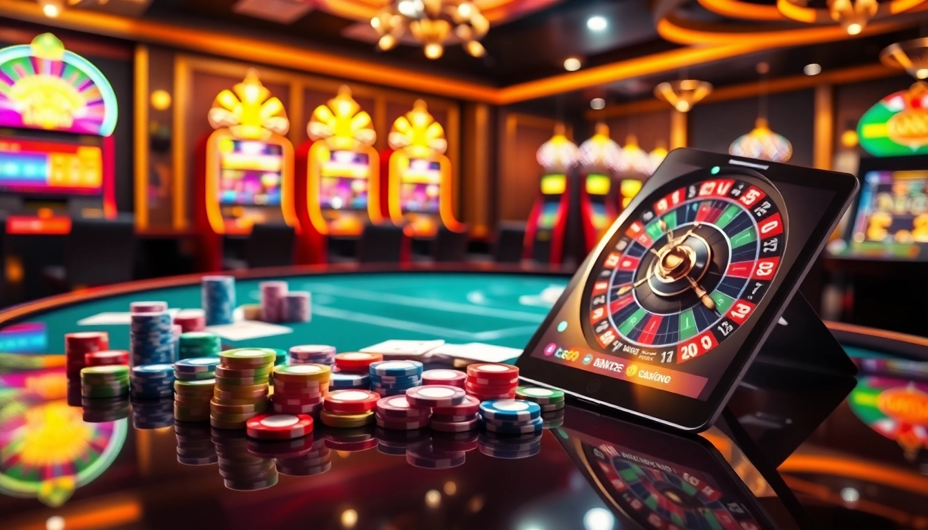 Experience the thrill of lc88 gaming with vibrant poker chips and a captivating roulette wheel.