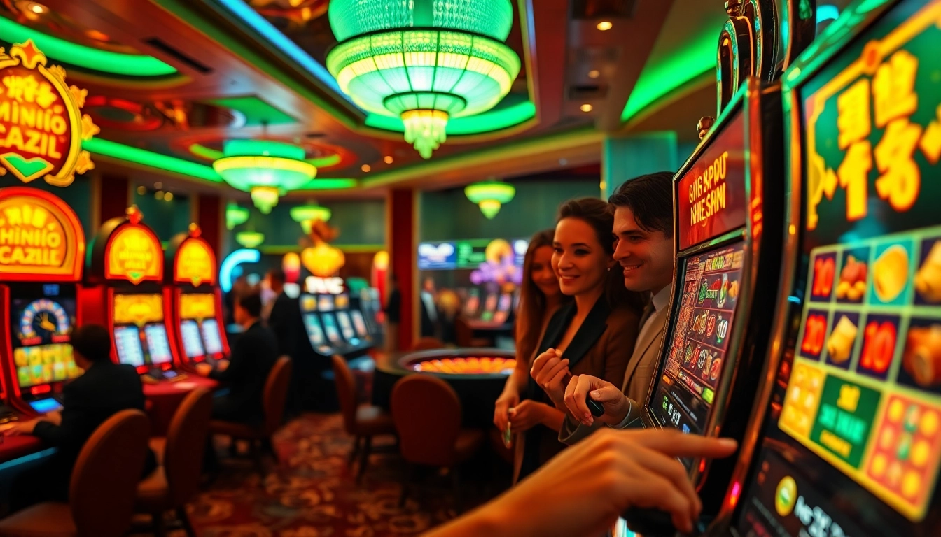 Exciting nổ hũ slot machine game with players, coins, and vibrant casino lights