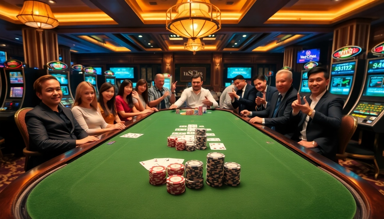 Gamblers celebrating a win at nhà cái S8 casino, featuring poker chips and cards on the table.