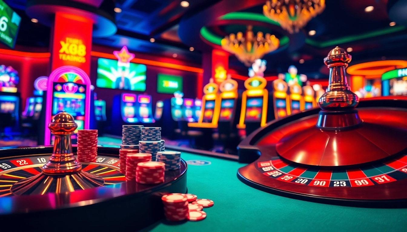 Engage in a thrilling game at https://xx88.se.net/ with vibrant poker chips and a spinning roulette wheel.