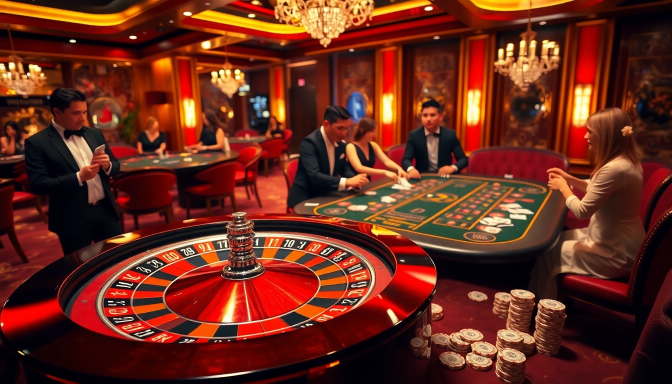 Players thrilled at a UU88 casino as they engage in high-stakes roulette and poker.