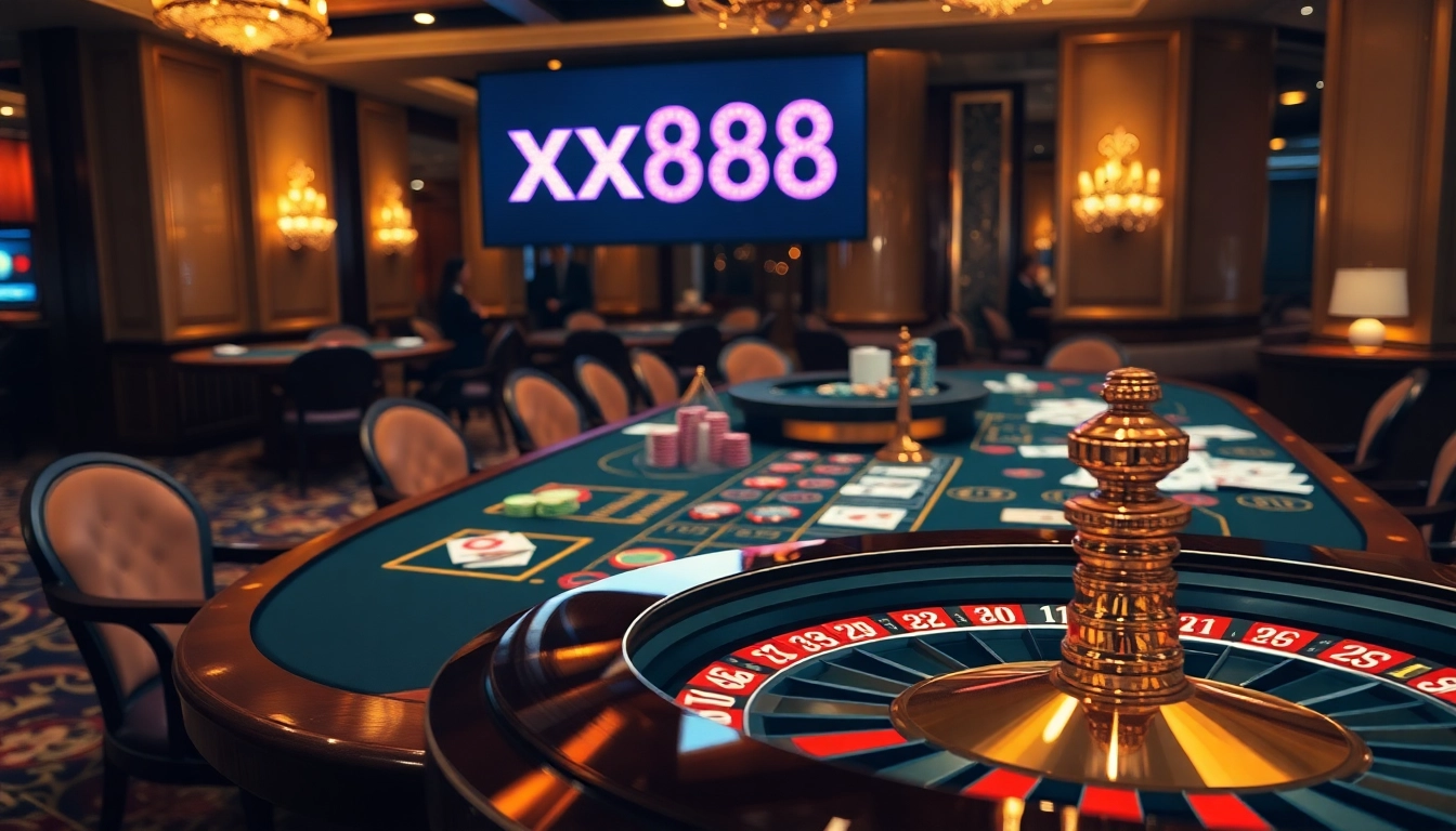 Players stack xx88 poker chips at a vibrant casino table in an elegant gambling atmosphere.