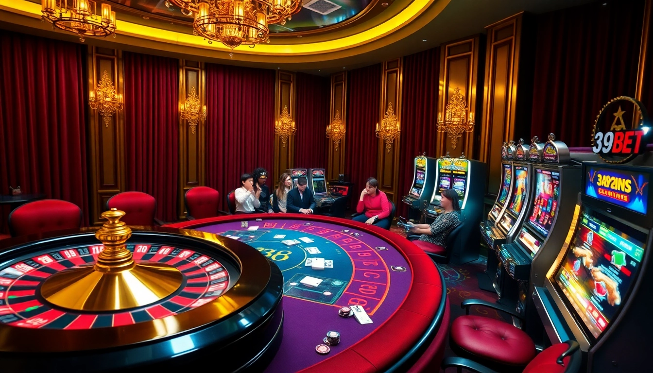 Experience the thrill of 39BET with an exciting casino scene featuring poker tables and roulette wheels.