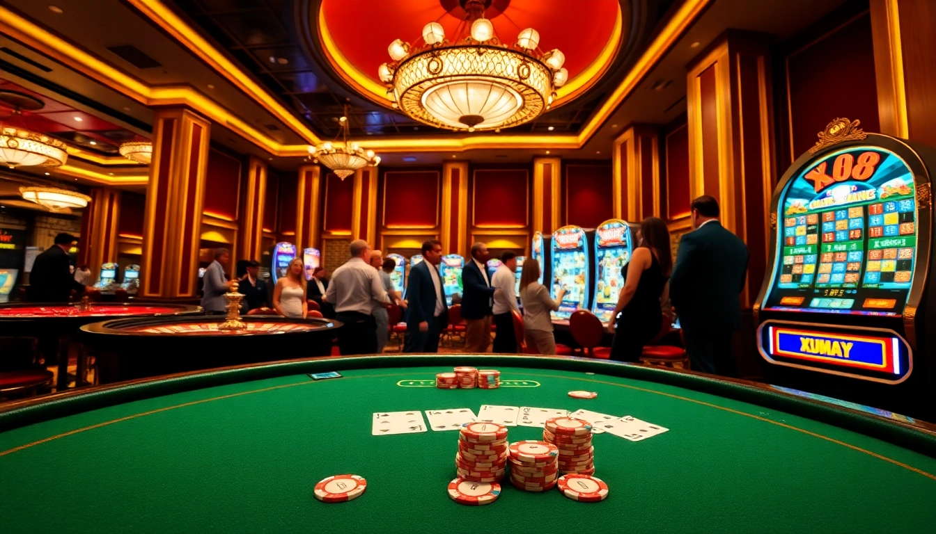 Excited gamblers at XX88 enjoy vibrant casino games in a luxurious setting.