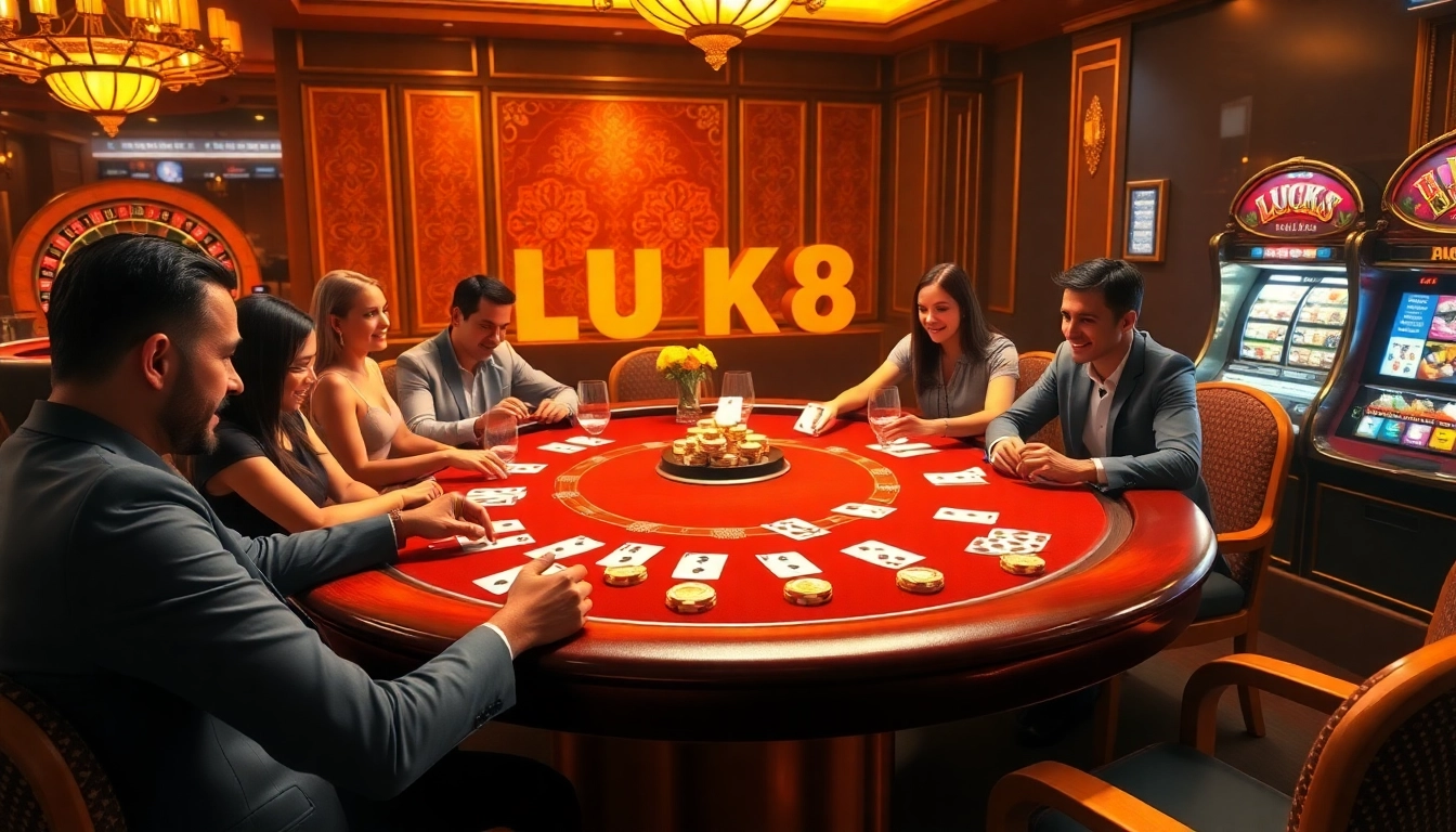 Experience the excitement of LUCK8 at a vibrant poker table with players engaged in high-stakes action.