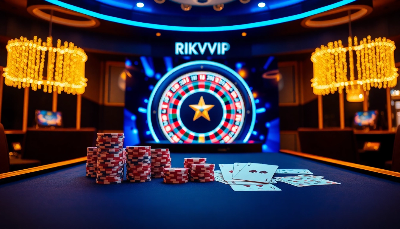 Engage with RIKVIP's vibrant online casino atmosphere featuring poker chips and a roulette wheel.