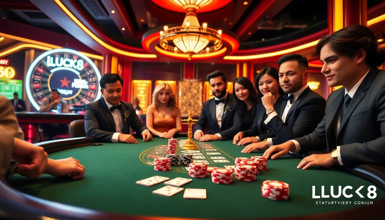 Cảnh casino hấp dẫn với cược LUCK8, chip poker sặc sỡ và bánh xe roulette phản chiếu sự phấn khích.