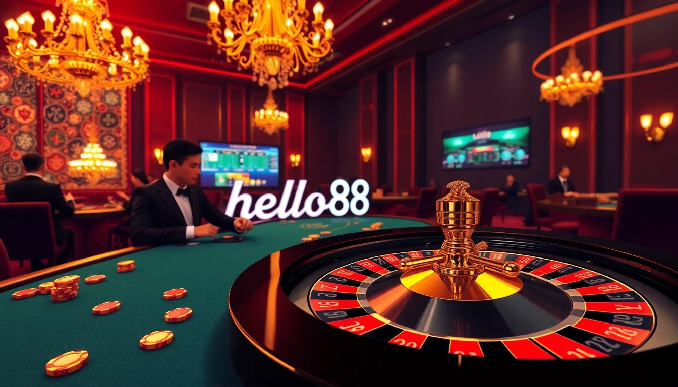 Players placing bets at the roulette table featuring hello88 branding in a luxurious casino setting.