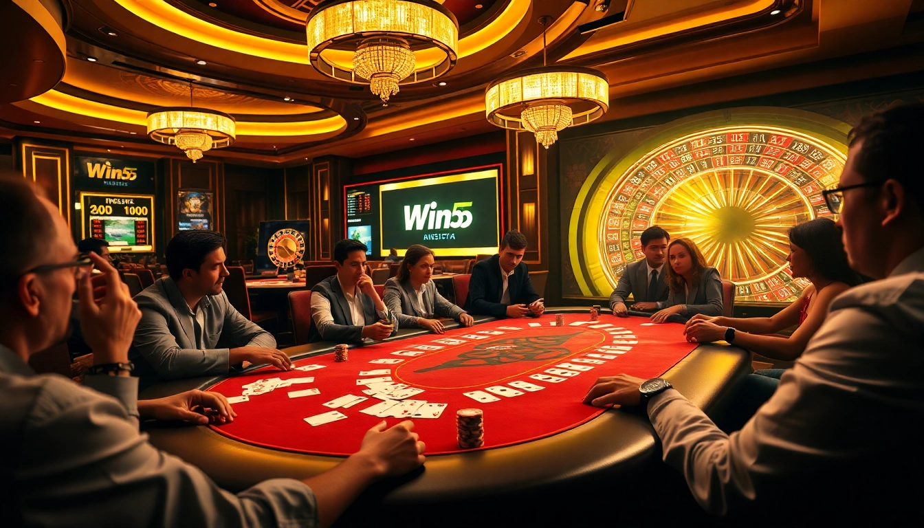 Win55 poker players immersed in an exciting high-stakes game, capturing the thrill of casino action.