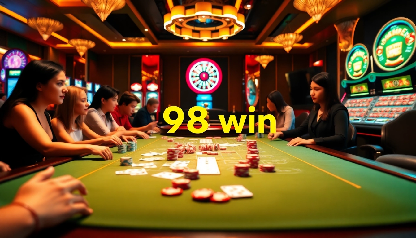 Experience the thrilling world of 98 win casino gaming with vibrant poker tables and slot machines.