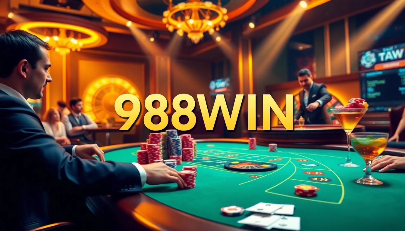 Experience the thrill of gambling at 98WIN with vibrant casino tables, poker chips, and roulette excitement.
