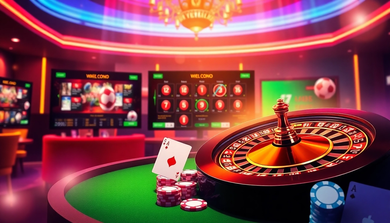 Experience the excitement of Link vào Five88 with a vibrant online casino atmosphere featuring roulette wheels and poker chips.