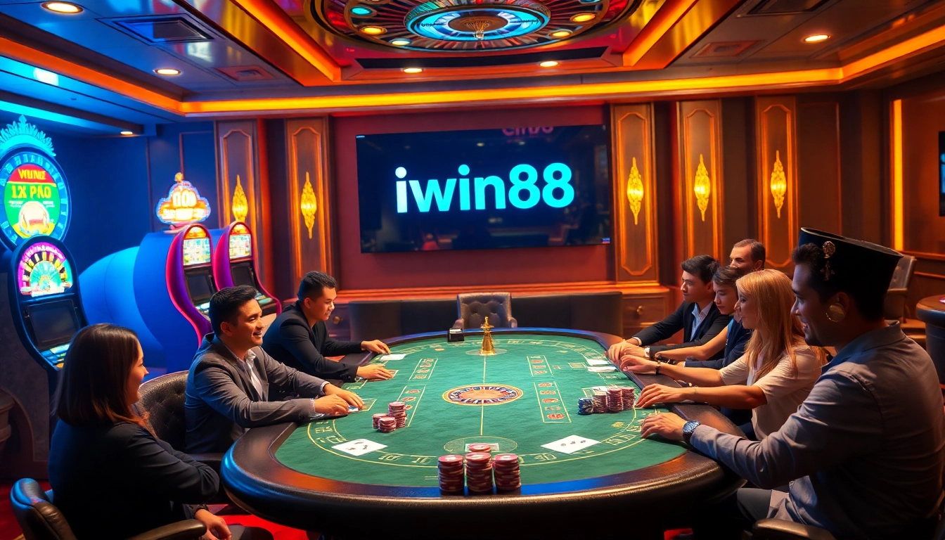 Players enjoying an exciting poker game at iwin68 casino with vibrant slot machines and colorful chips.