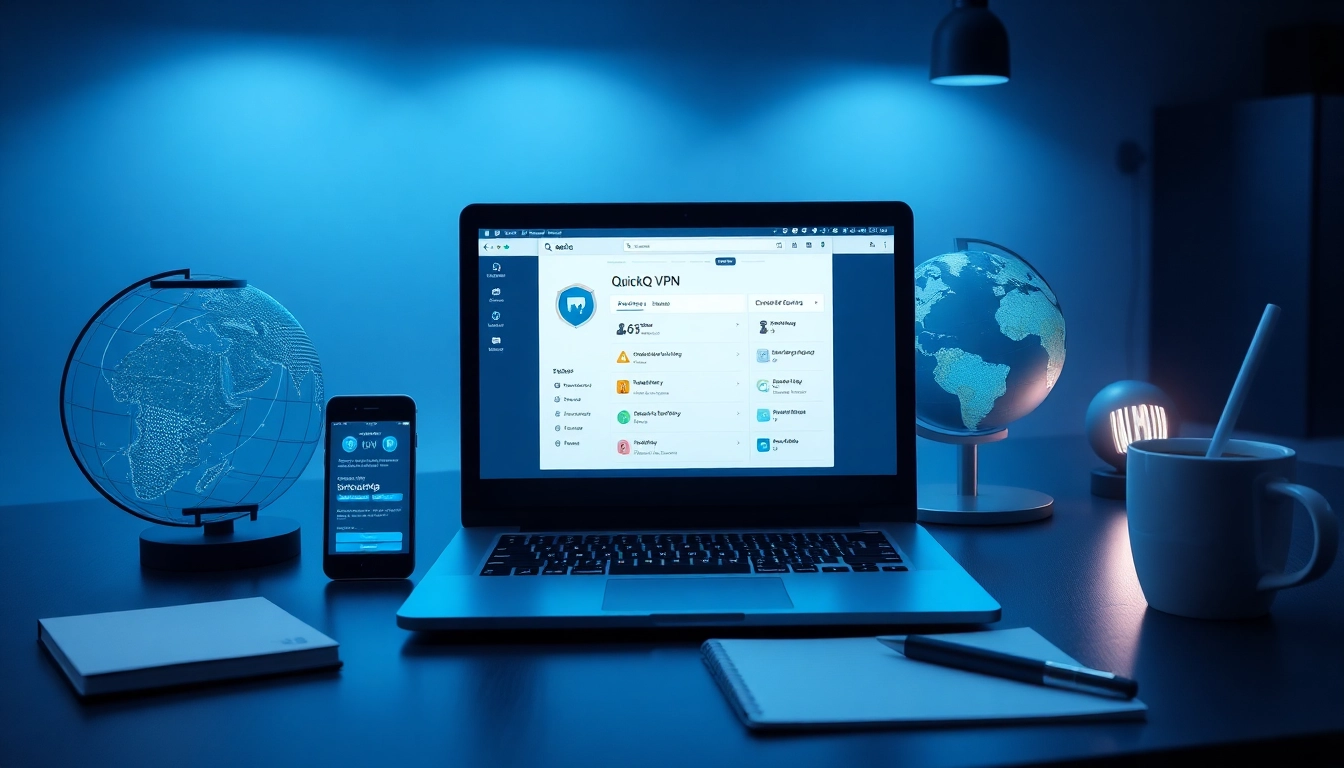 笔记本电脑上显示 QuickQ下载，旁边是一部显示 VPN 应用的智能手机，象征安全的网络访问。