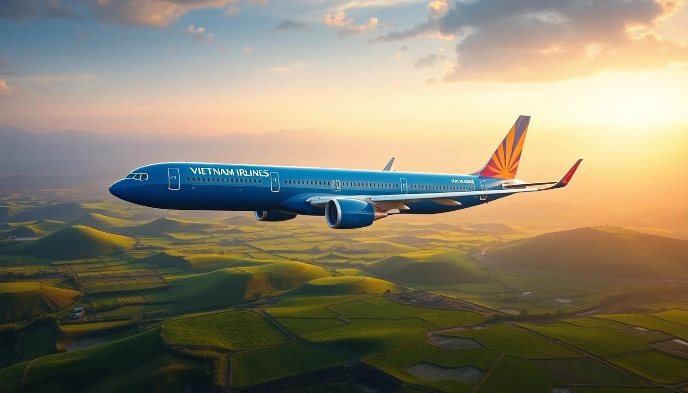 VN168 aircraft taking off against Vietnam's lush landscape, showcasing travel excitement.