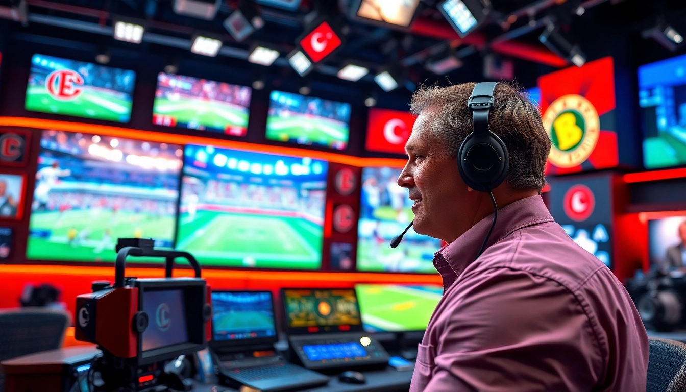 Engaging scene of sports broadcasting studio capturing excitement during live events.