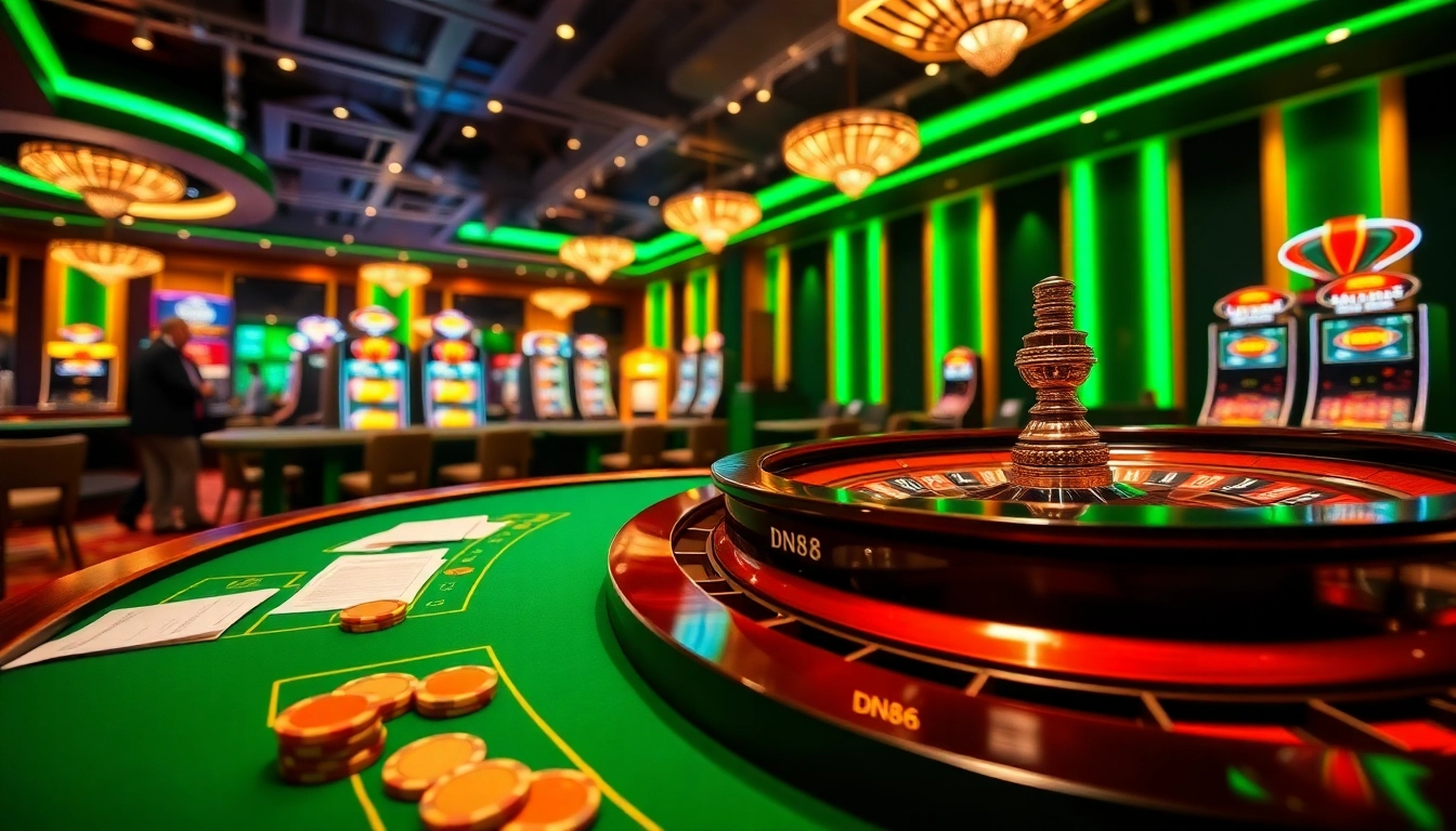 Experience high stakes gaming at DN88 casino with vibrant poker tables and roulette.