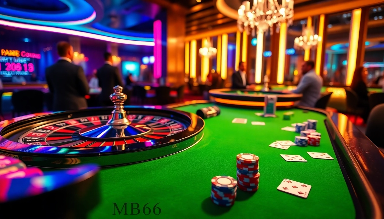 Experience excitement at an MB66 casino table with vibrant games, chips, and cards.