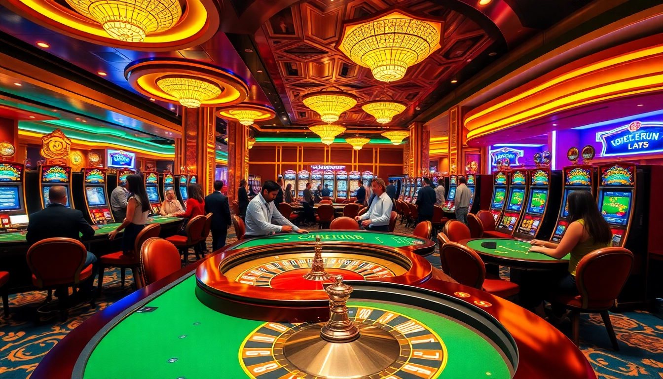 Experience the thrill of gambling at okfun casino with vibrant gaming tables and excited players.