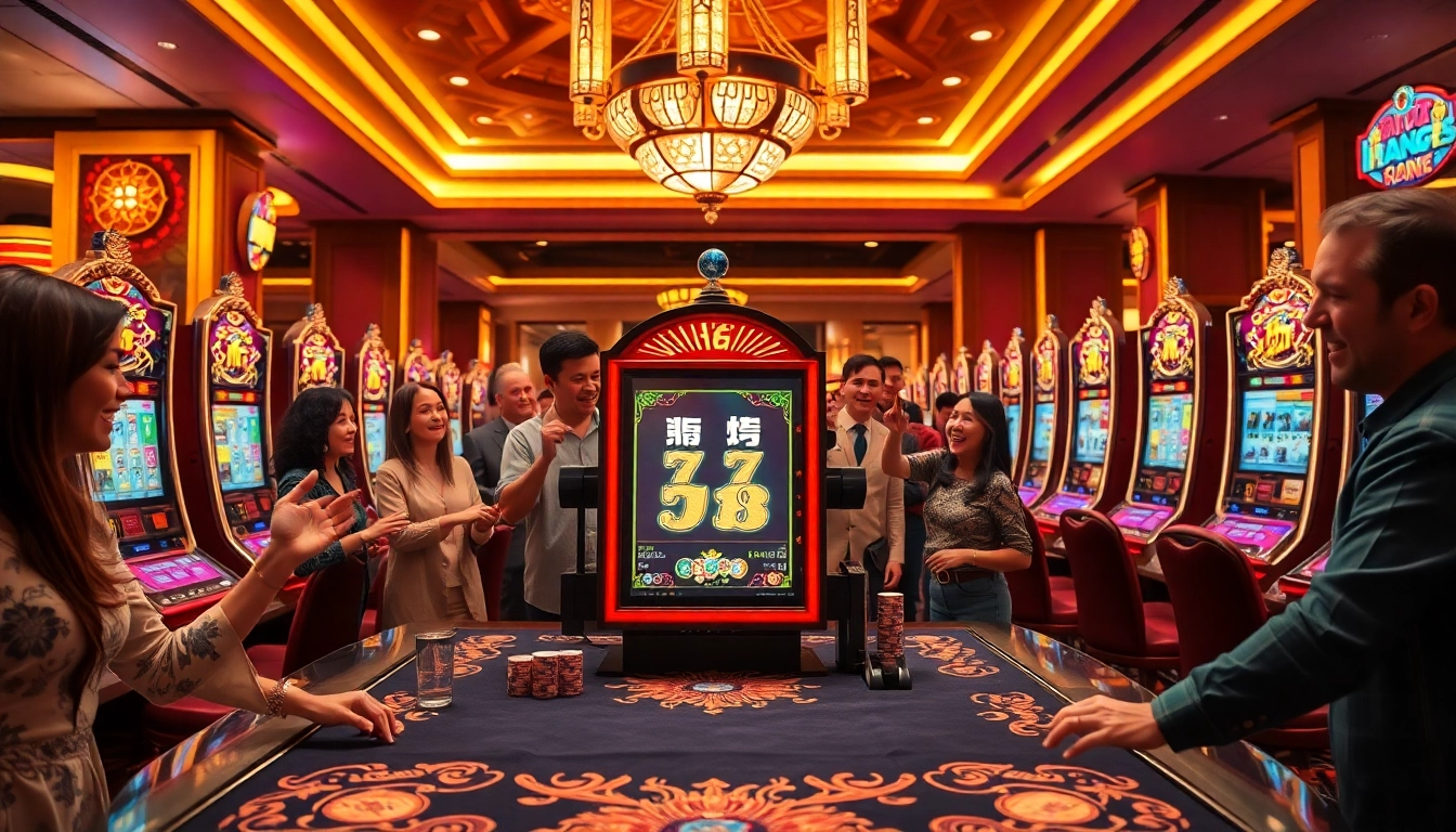 A vibrant casino scene featuring players at the nổ hũ slot machines, celebrating wins in a luxurious setting.