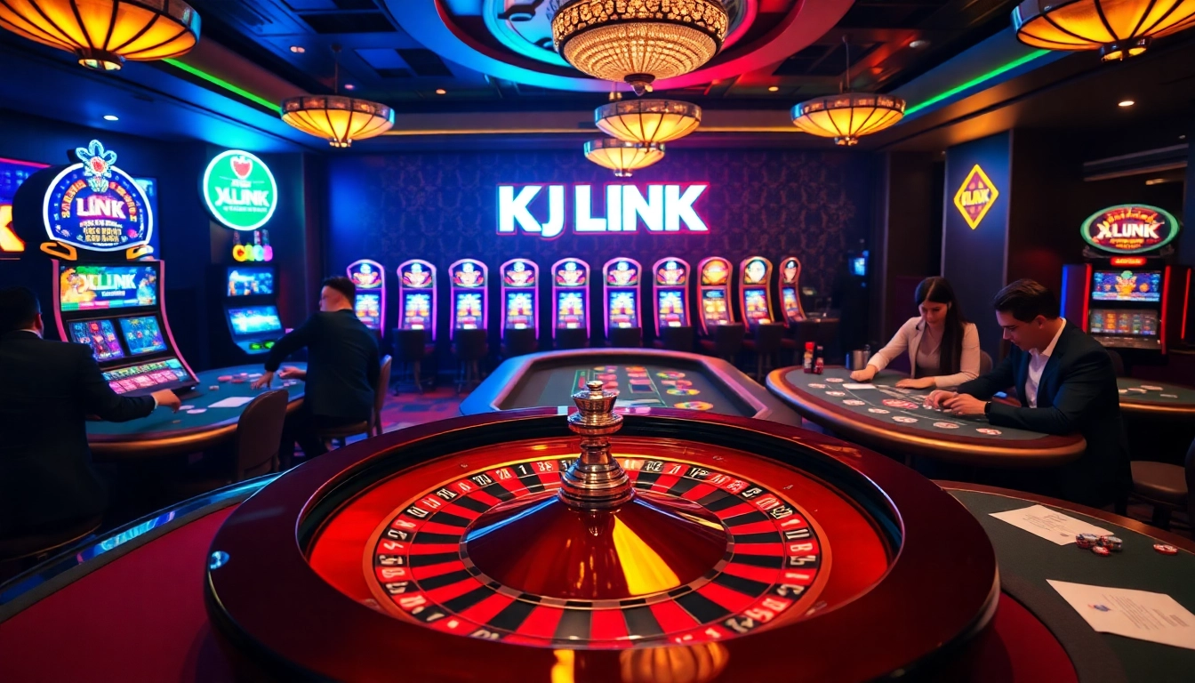 Experience the luxury of KJC LINK in a thrilling casino setting with poker and roulette tables.