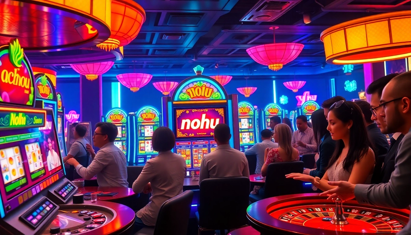 Players enjoying a thrilling game at a nohu slot machine in a luxurious casino setting.