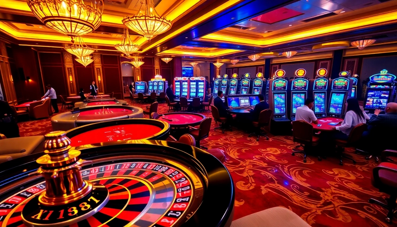 SIN88 casino scene featuring excited players at roulette and poker tables.