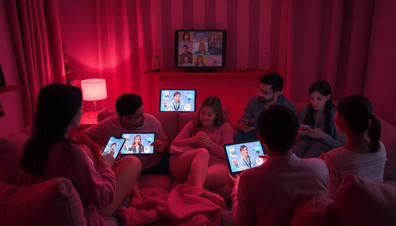 Users engaging with nsfw ai platforms in a cozy, intimate setting, showcasing diversity and technology.