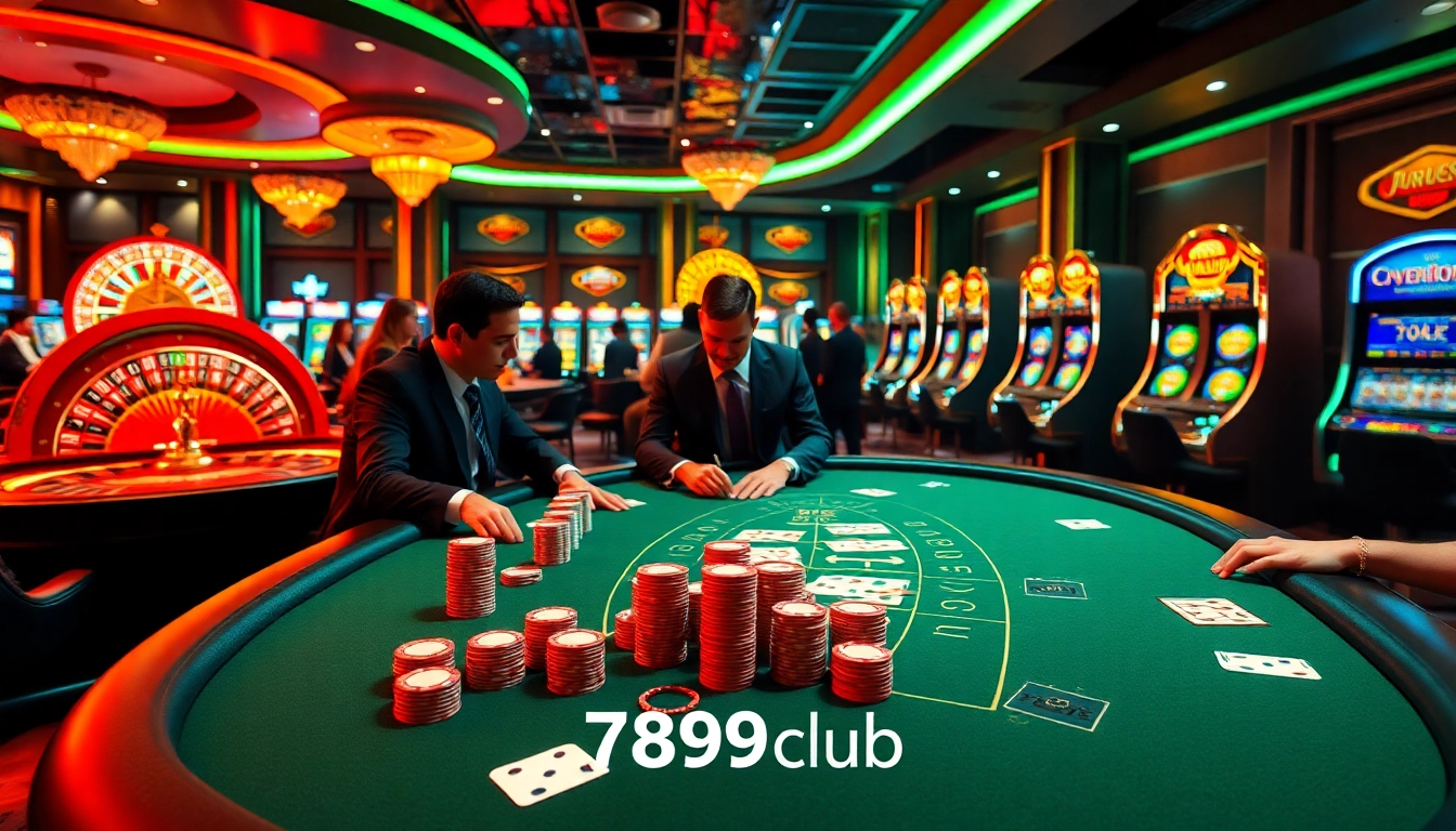 Experience thrilling gameplay at 789club with a vibrant casino scene featuring poker and roulette.