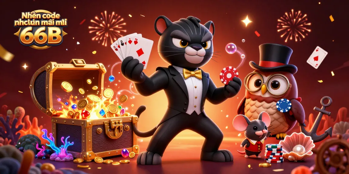 Experience Nhận code khuyến mãi 66B in a vibrant casino-themed illustration with charming characters.