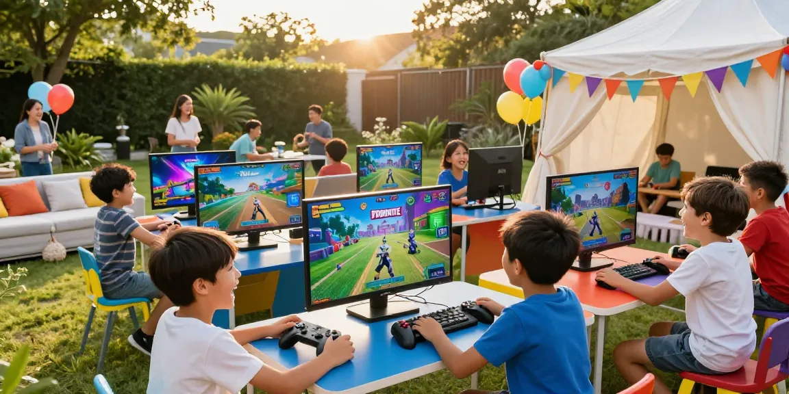 Gaming party London with kids enjoying video games in a festive tent setup, showcasing laughter and excitement.