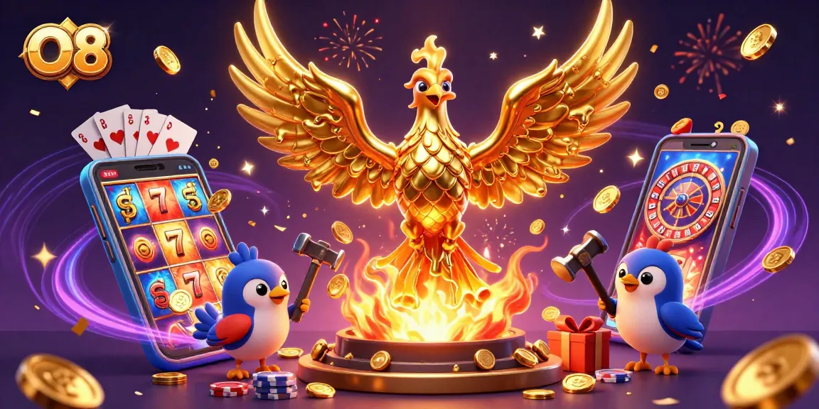 Experience O8 with a dynamic 3D scene featuring a golden phoenix and exciting slot game elements.