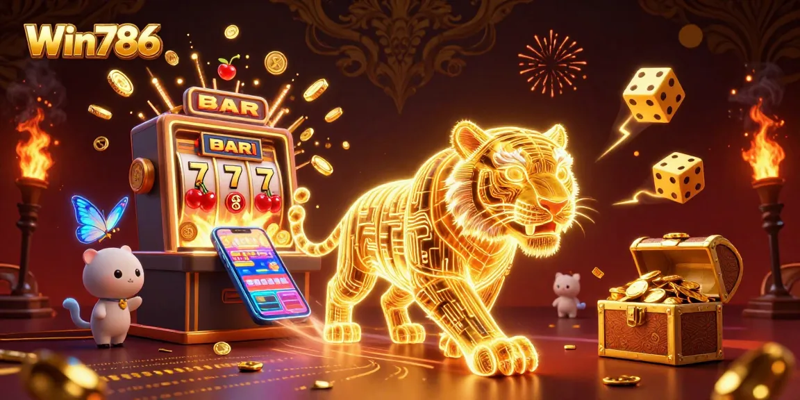 Win786 showcases a vibrant 3D casino scene filled with dynamic slot machine action and glowing game elements.