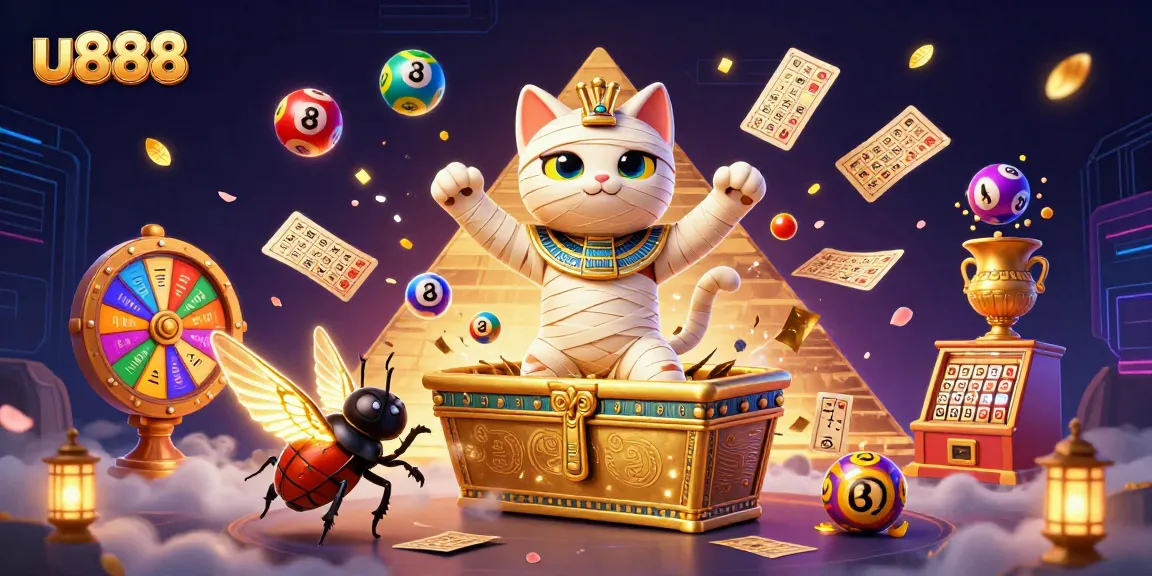 Engage in u888's vibrant casino features with an Egyptian mummy cat unveiling golden adventures.