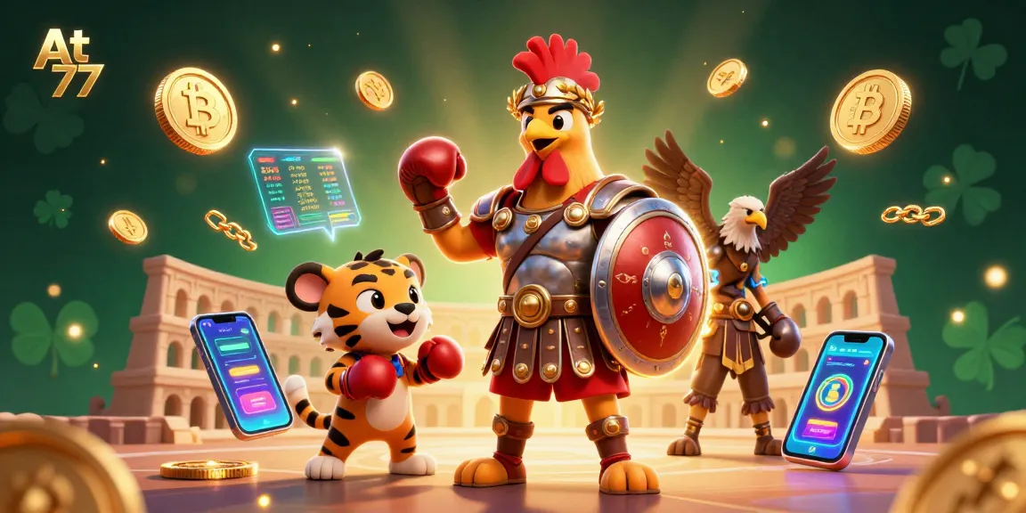 Engage in thrilling plays at At 77 with a 3D gladiator rooster and crypto-themed design.