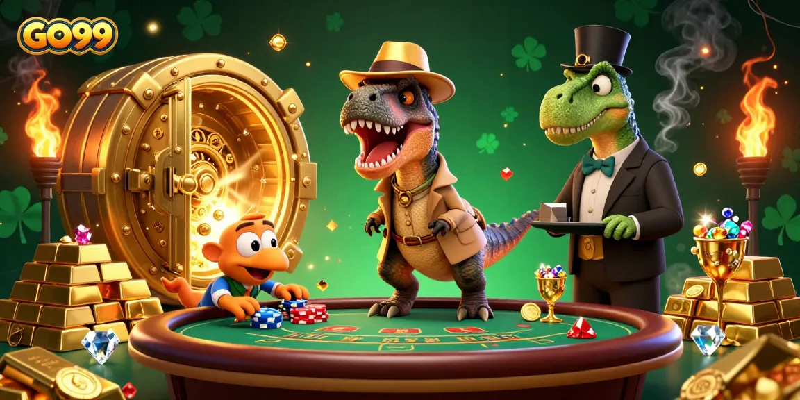 Experience GO99 gaming excitement with a velociraptor and stegosaurus in a dynamic casino scene.