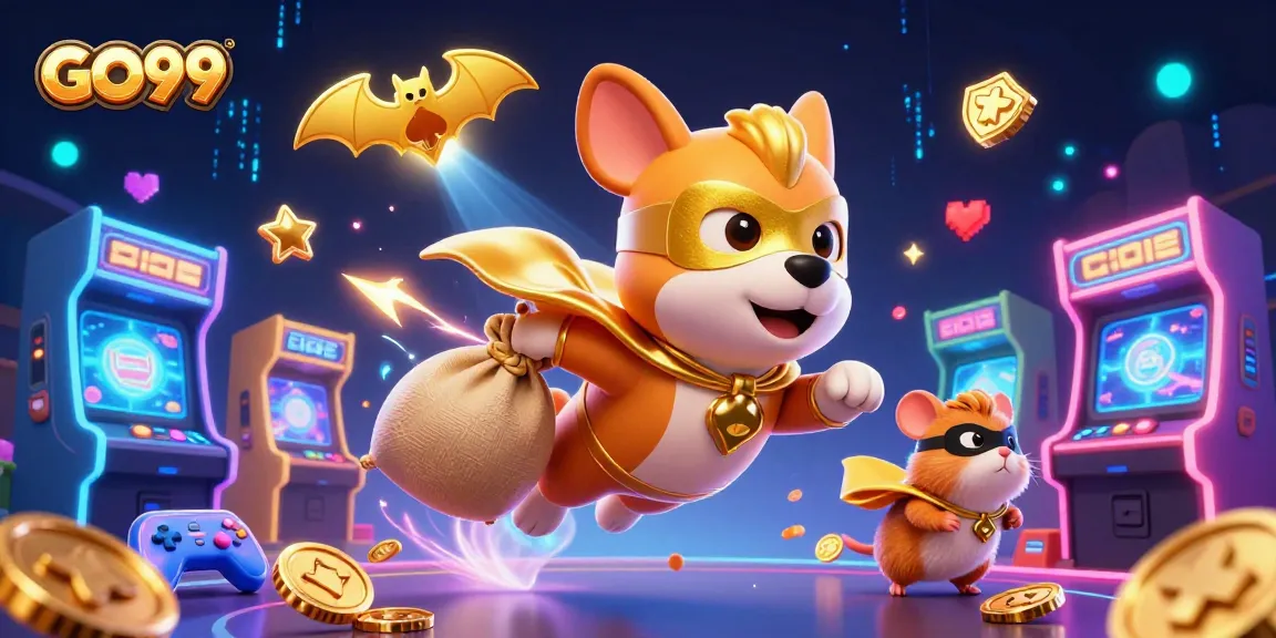 Engage with GO99 in this vibrant scene featuring a superhero dog amidst arcade machines and casino elements.