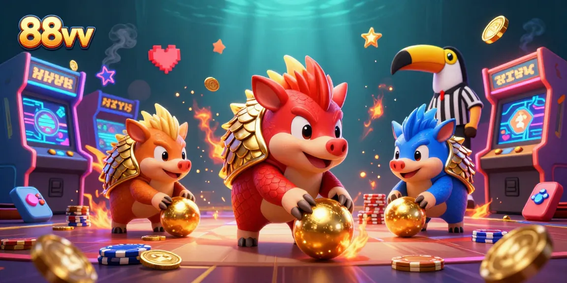 Experience the excitement of 88vv with rival pangolins bowling through poker chips in a vibrant arcade-casino scene.